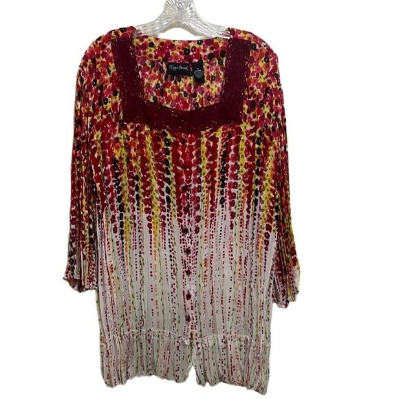 Maggie Barnes top blouse floral polka dot pleated white red 3/4 sleeve 3X - Picture 1 of 5